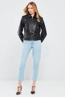 Maya Women's Black Shirt Collar Regular Short Leather Jacket | Derimod