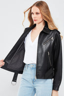 Maya Women's Black Shirt Collar Regular Short Leather Jacket | Derimod