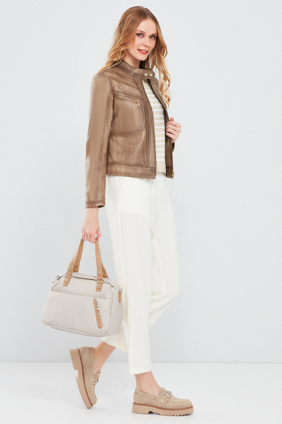 Jody Women's Beige Natural Short Leather Jacket