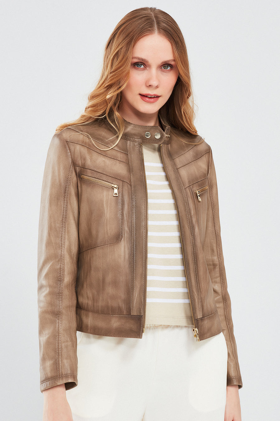 Jody Women's Beige Natural Short Leather Jacket