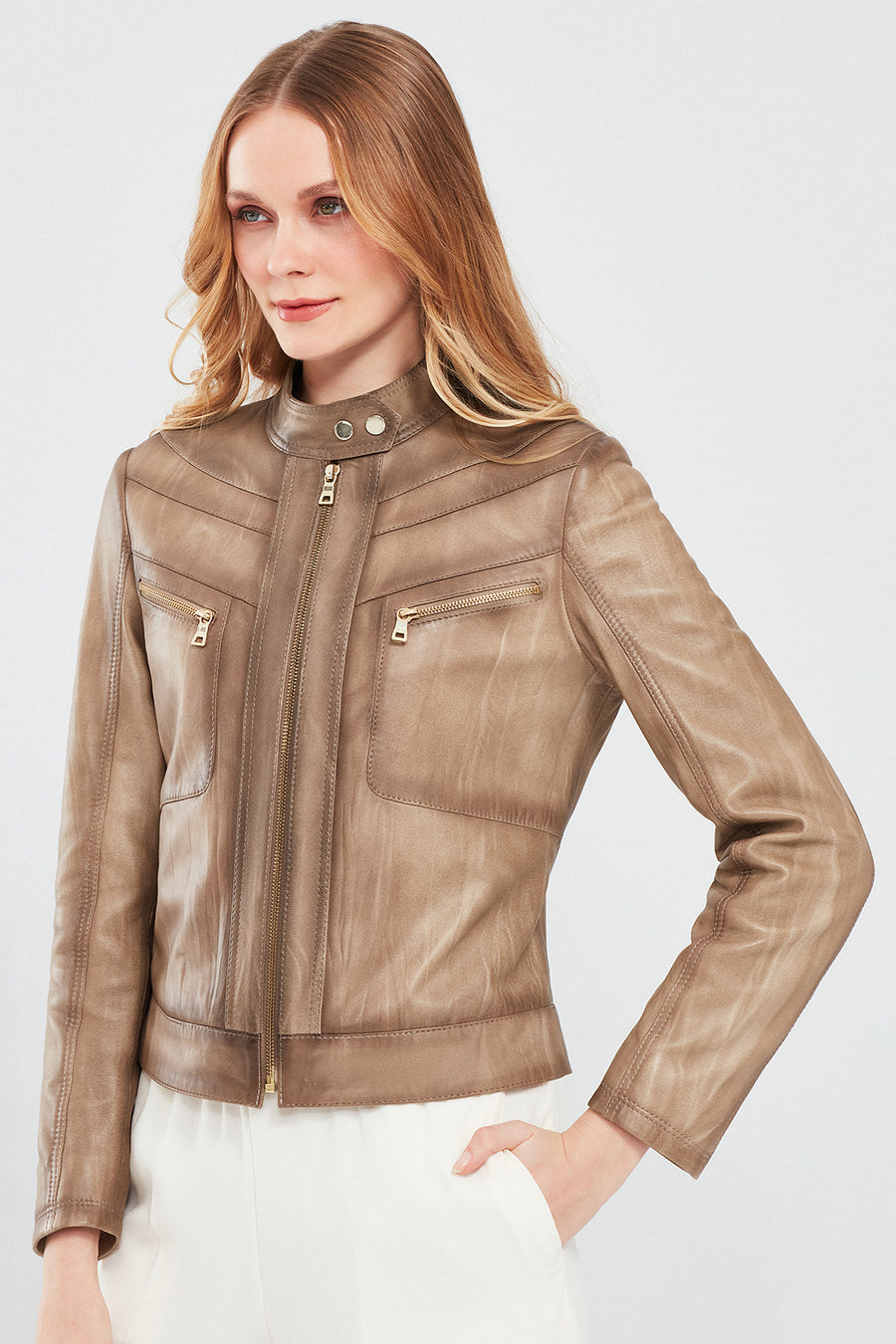 Jody Women's Beige Natural Short Leather Jacket
