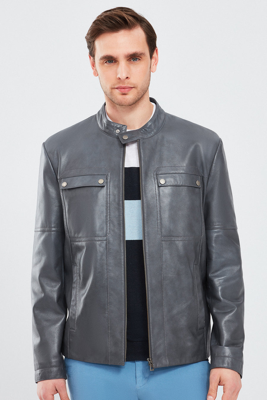 Larry Men's Gray Leather Coat 24SGE652147 | Derimod