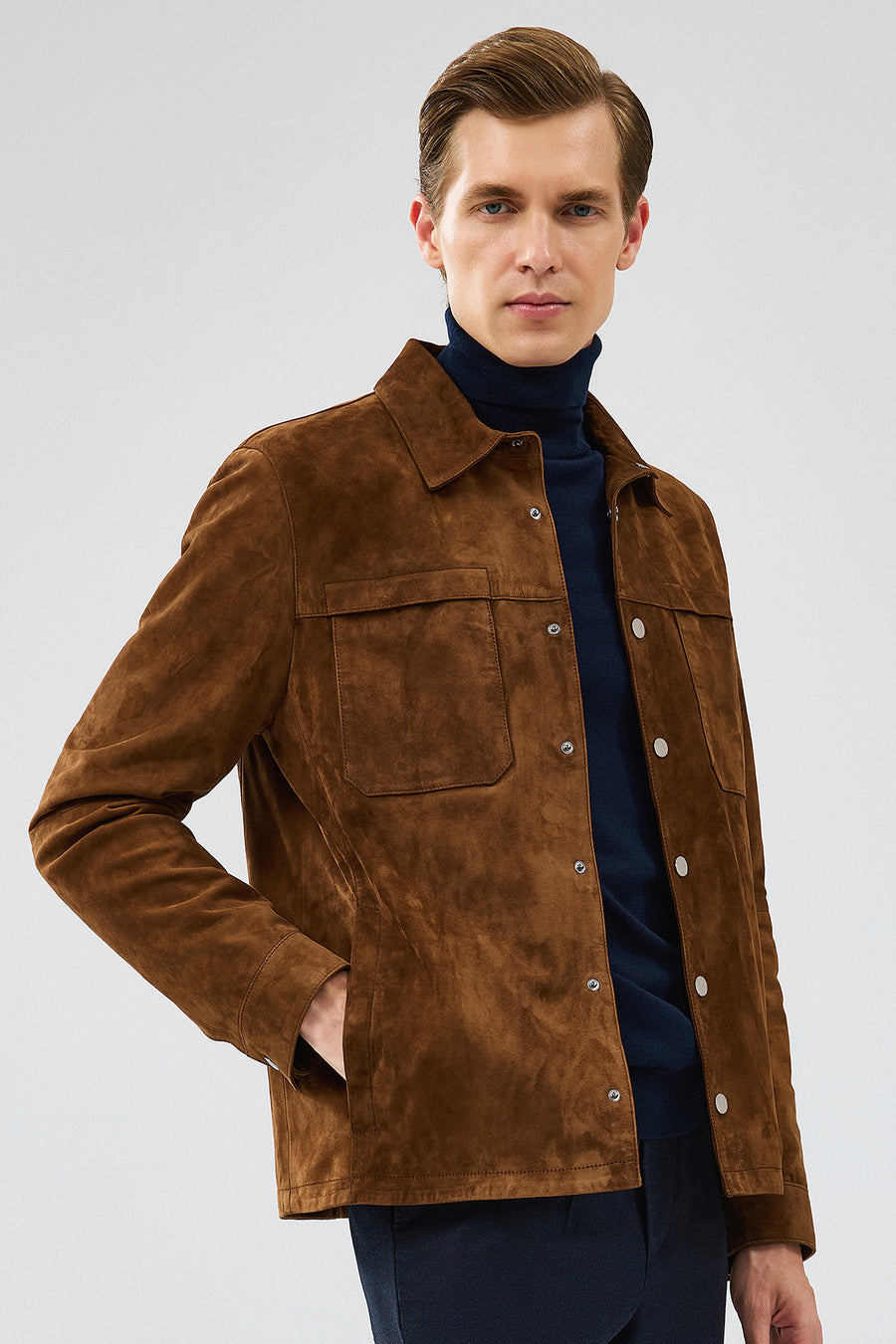 Enzo Men's Brown Shirt Collar Suede Leather Coat