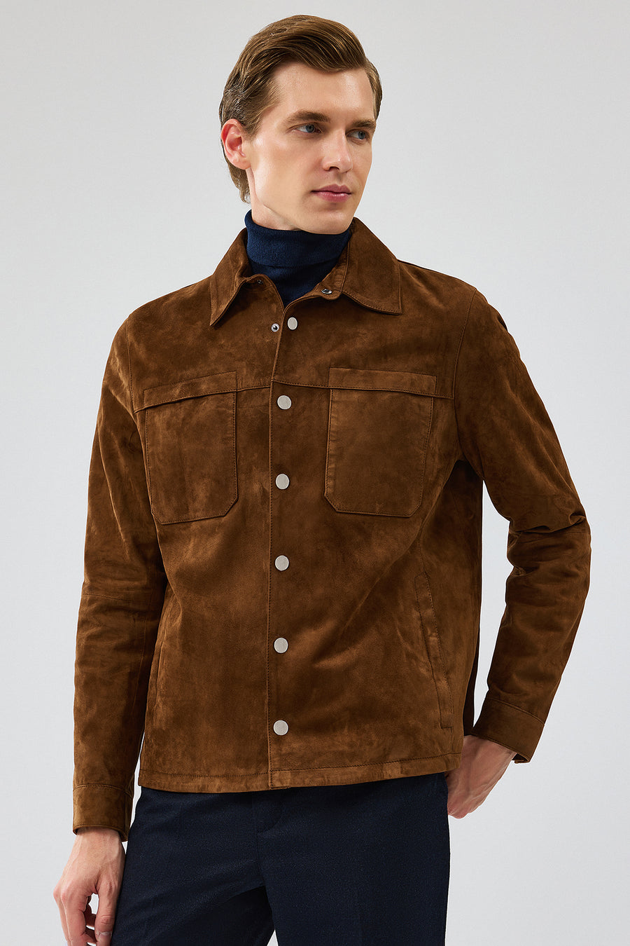 Enzo Men's Brown Shirt Collar Suede Leather Coat