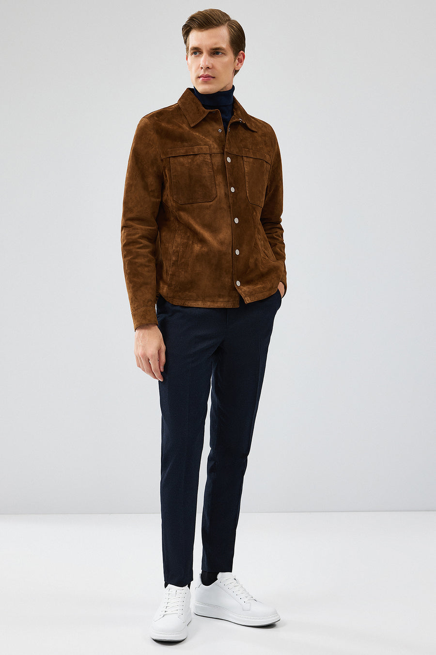 Enzo Men's Brown Shirt Collar Suede Leather Coat