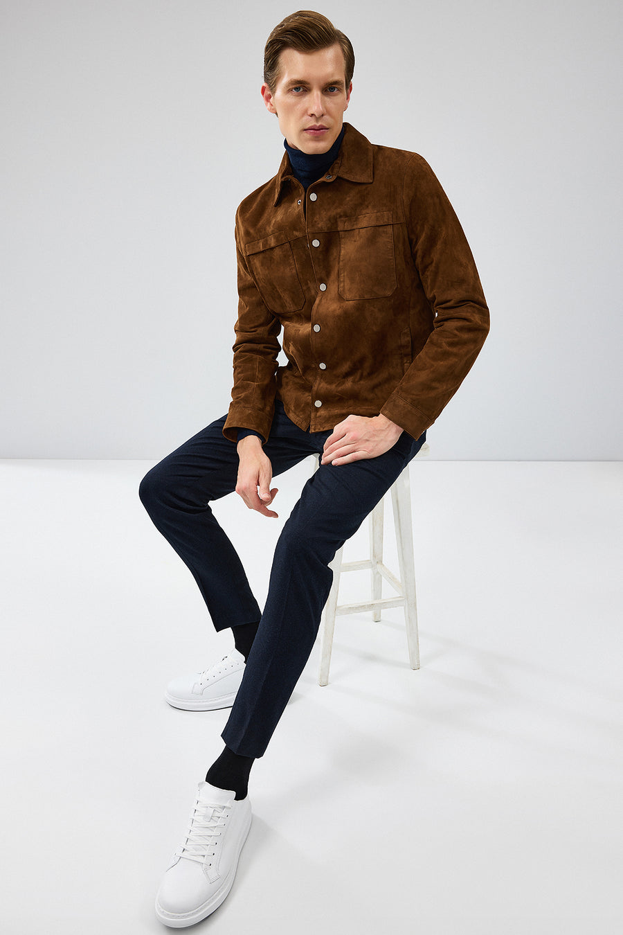 Enzo Men's Brown Shirt Collar Suede Leather Coat