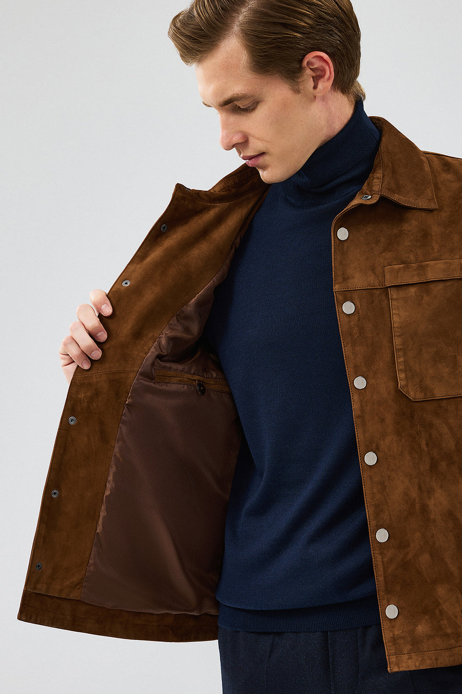 Enzo Men's Brown Shirt Collar Suede Leather Coat