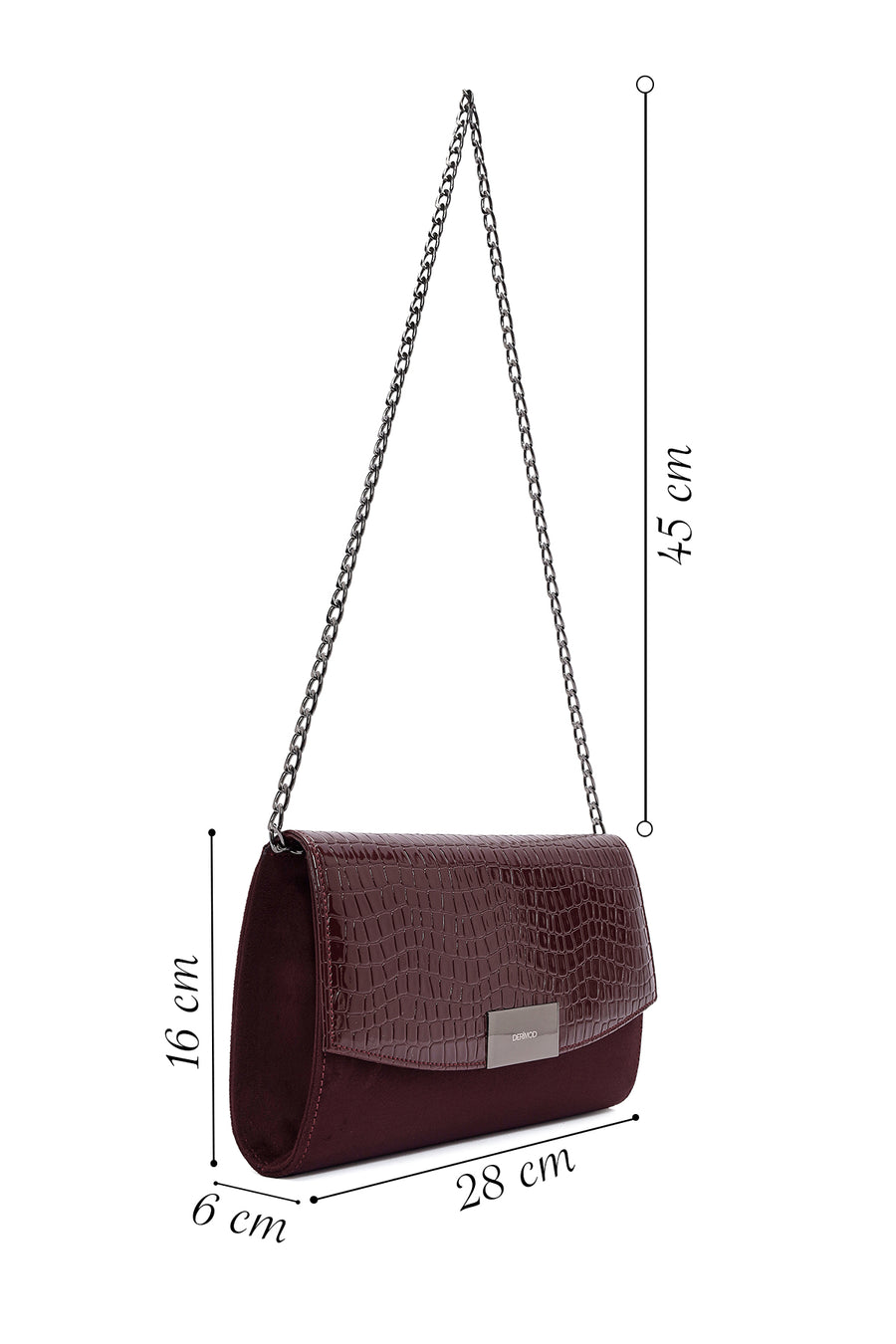 Women's Claret Red Chain Strap Patterned Clutch Bag