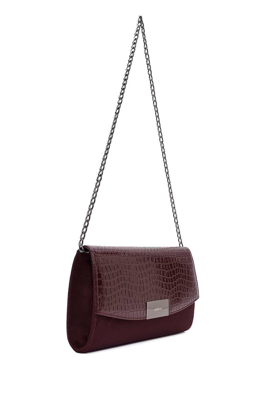 Women's Claret Red Chain Strap Patterned Clutch Bag