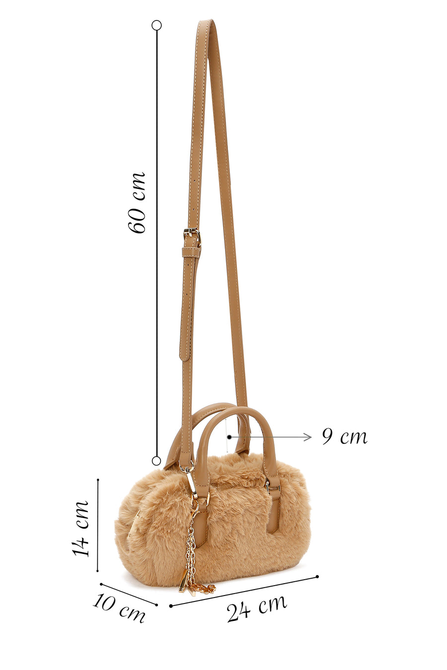 Women's Beige Long Strap Accessory Detailed Plush Mini Handbag