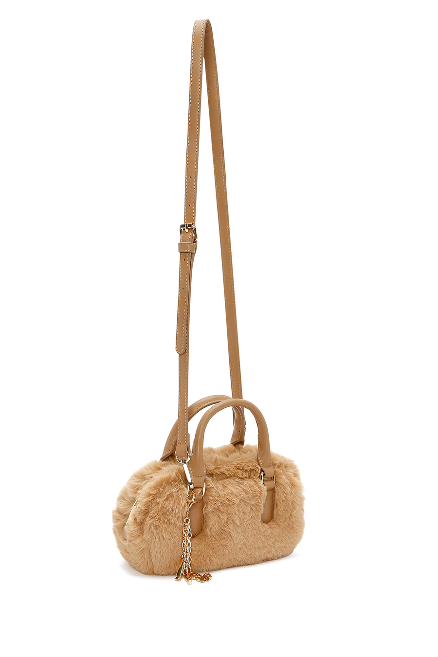 Women's Beige Long Strap Accessory Detailed Plush Mini Handbag
