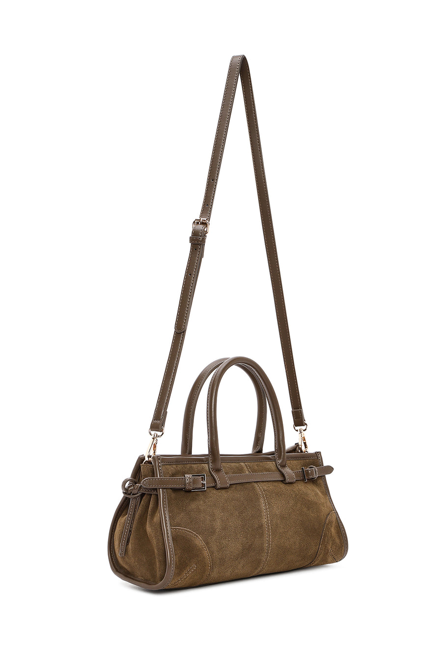 Women's Khaki Long Strap Suede Leather Handbag