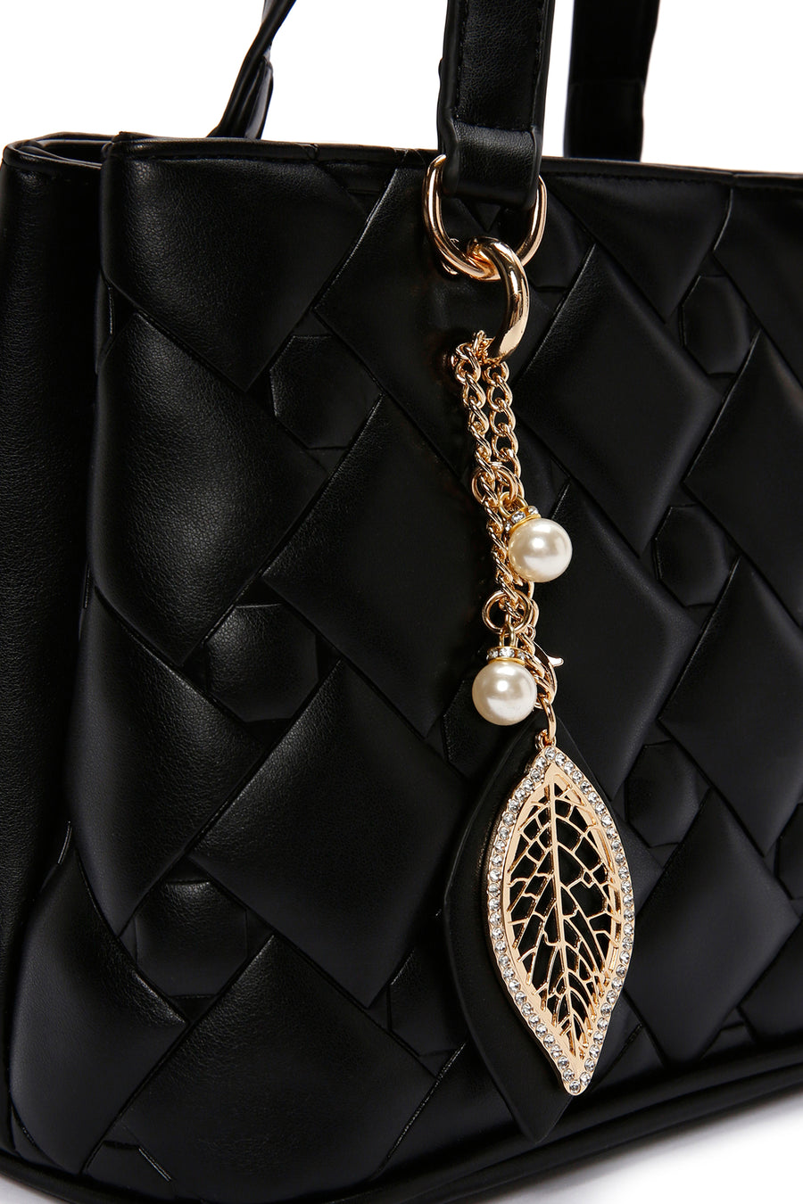 Women's Black Long Strap Quilted Handbag with Accessory Detail