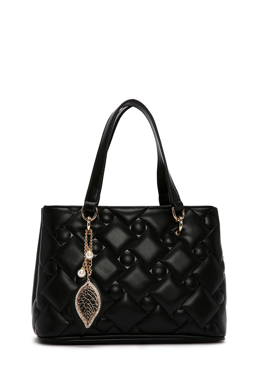 Women's Black Long Strap Quilted Handbag with Accessory Detail