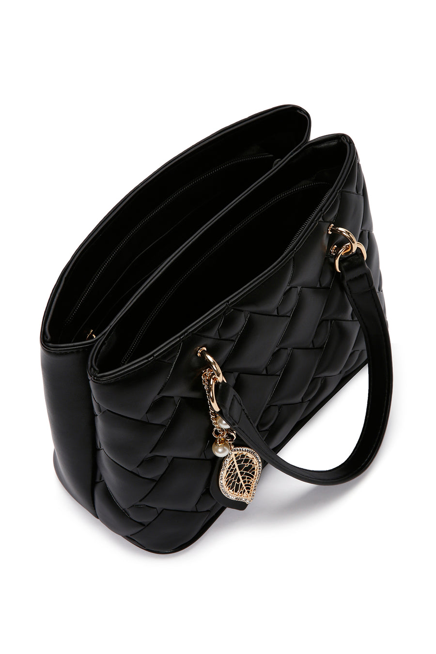 Women's Black Long Strap Quilted Handbag with Accessory Detail