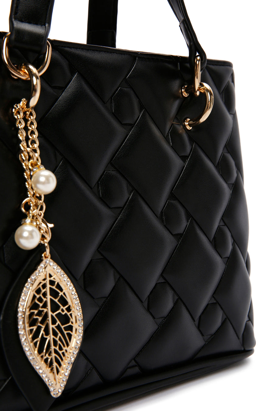 Women's Black Long Strap Quilted Handbag with Accessory Detail