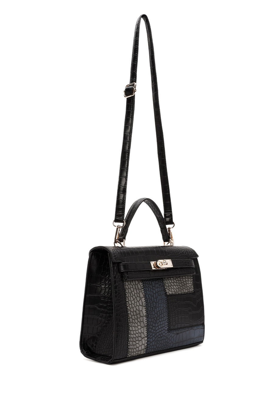 Women's Black Long Strap Crocodile Handbag