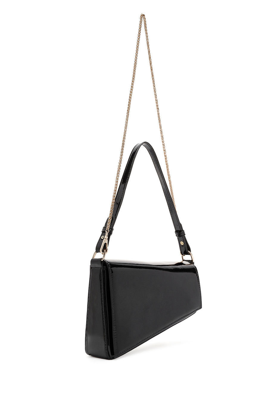 Women's Black Long Chain Strap Patent Leather Mini Shoulder Bag