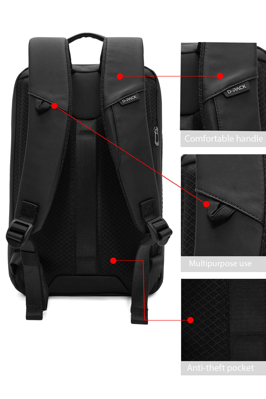 D-Pack Unisex Black Fabric Backpack