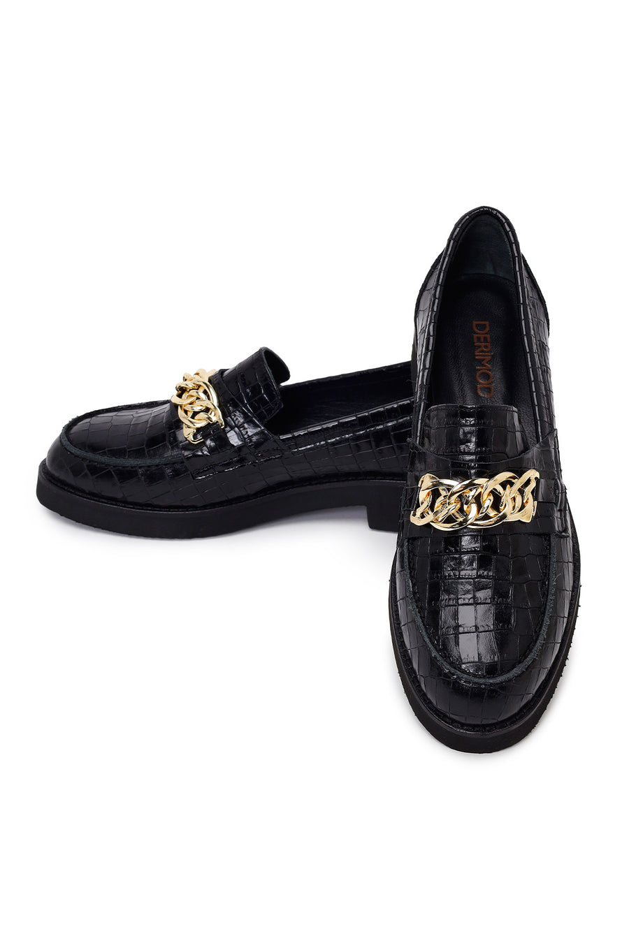 Kadın Siyah Kroko Desenli Zincir Detaylı Deri Maskülen Loafer