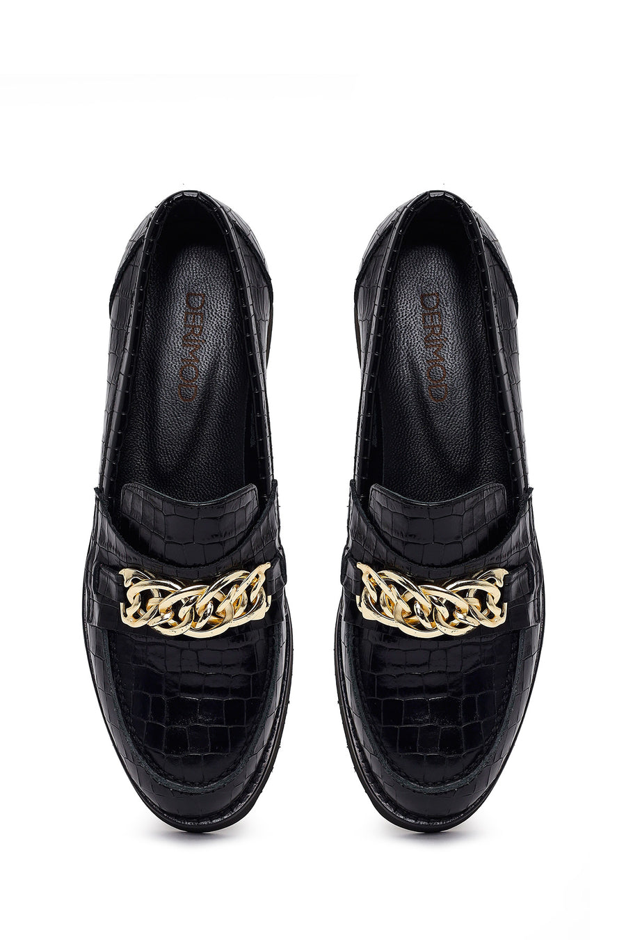 Kadın Siyah Kroko Desenli Zincir Detaylı Deri Maskülen Loafer