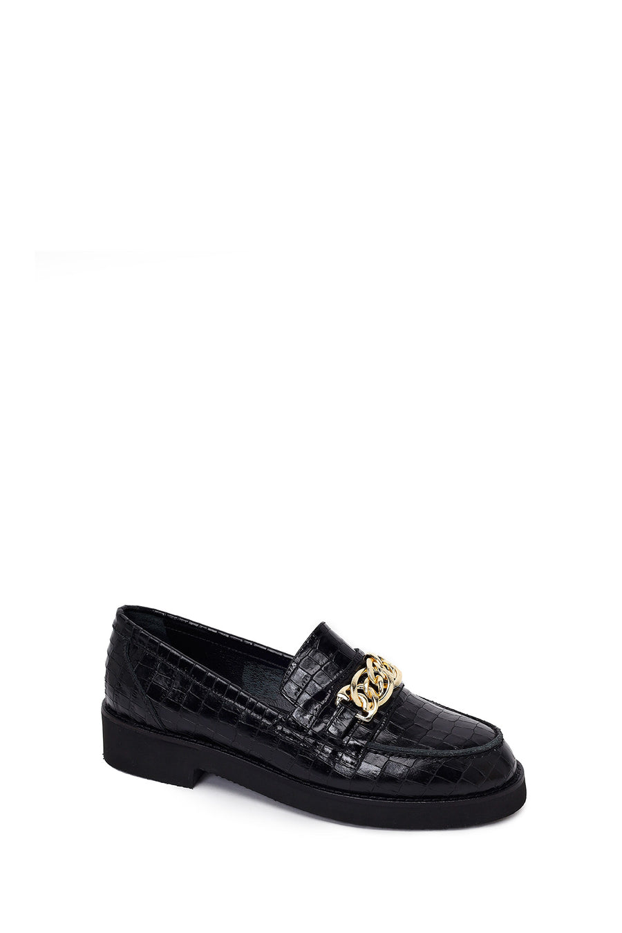 Kadın Siyah Kroko Desenli Zincir Detaylı Deri Maskülen Loafer