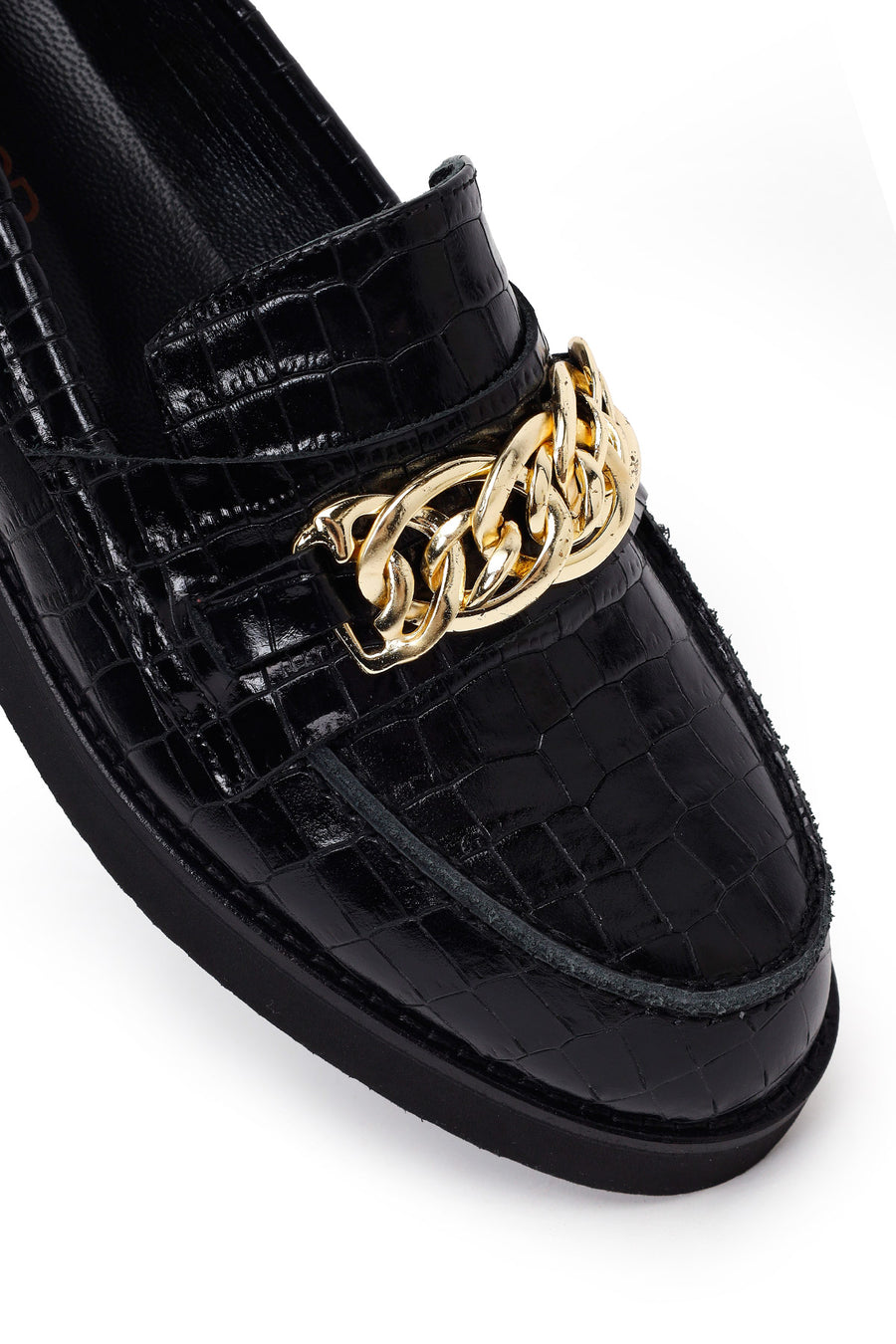 Kadın Siyah Kroko Desenli Zincir Detaylı Deri Maskülen Loafer