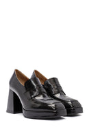 Woman Black Chunky Heels Leather Loafer | Derimod