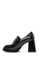 Woman Black Chunky Heels Leather Loafer | Derimod