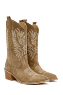 Women's Mink Suede Leather Heeled Cowboy Boots | Derimod