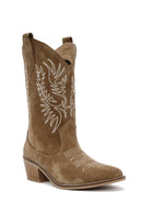 Women's Brown Suede Leather Heeled Cowboy Boots | Derimod
