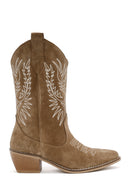 Women's Brown Suede Leather Heeled Cowboy Boots | Derimod