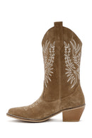 Women's Brown Suede Leather Heeled Cowboy Boots | Derimod