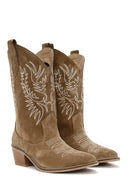 Women's Brown Suede Leather Heeled Cowboy Boots | Derimod