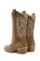 Women's Brown Suede Leather Heeled Cowboy Boots | Derimod