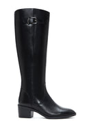 Women's Black Zippered Buckle Detailed Thick Heeled Leather Boots | Derimod