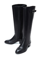 Women's Black Zippered Buckle Detailed Thick Heeled Leather Boots | Derimod