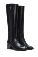 Women's Black Zippered Buckle Detailed Thick Heeled Leather Boots | Derimod