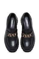 Women's Black Chain Detailed Thick Sole Leather Casual Loafer | Derimod