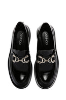 Women's Black Chain Detailed Leather Masculine Loafer | Derimod