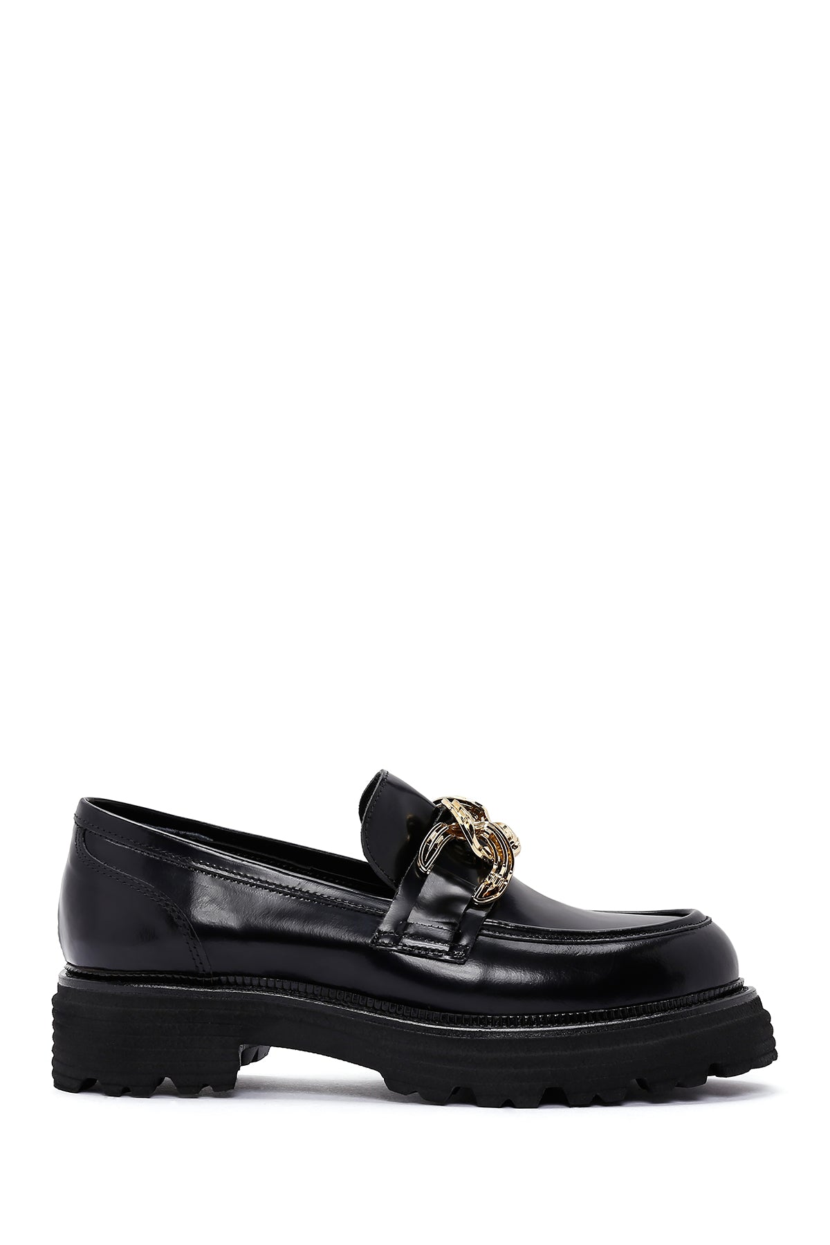 Women's Black Chain Detailed Leather Masculine Loafer 24WFD180522 | Derimod