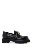 Women's Black Chain Detailed Leather Masculine Loafer | Derimod