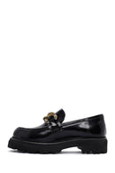 Women's Black Chain Detailed Leather Masculine Loafer | Derimod