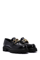 Women's Black Chain Detailed Leather Masculine Loafer | Derimod