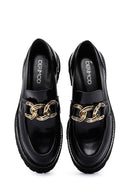 Women's Black Chain Detailed Leather Masculine Loafer | Derimod