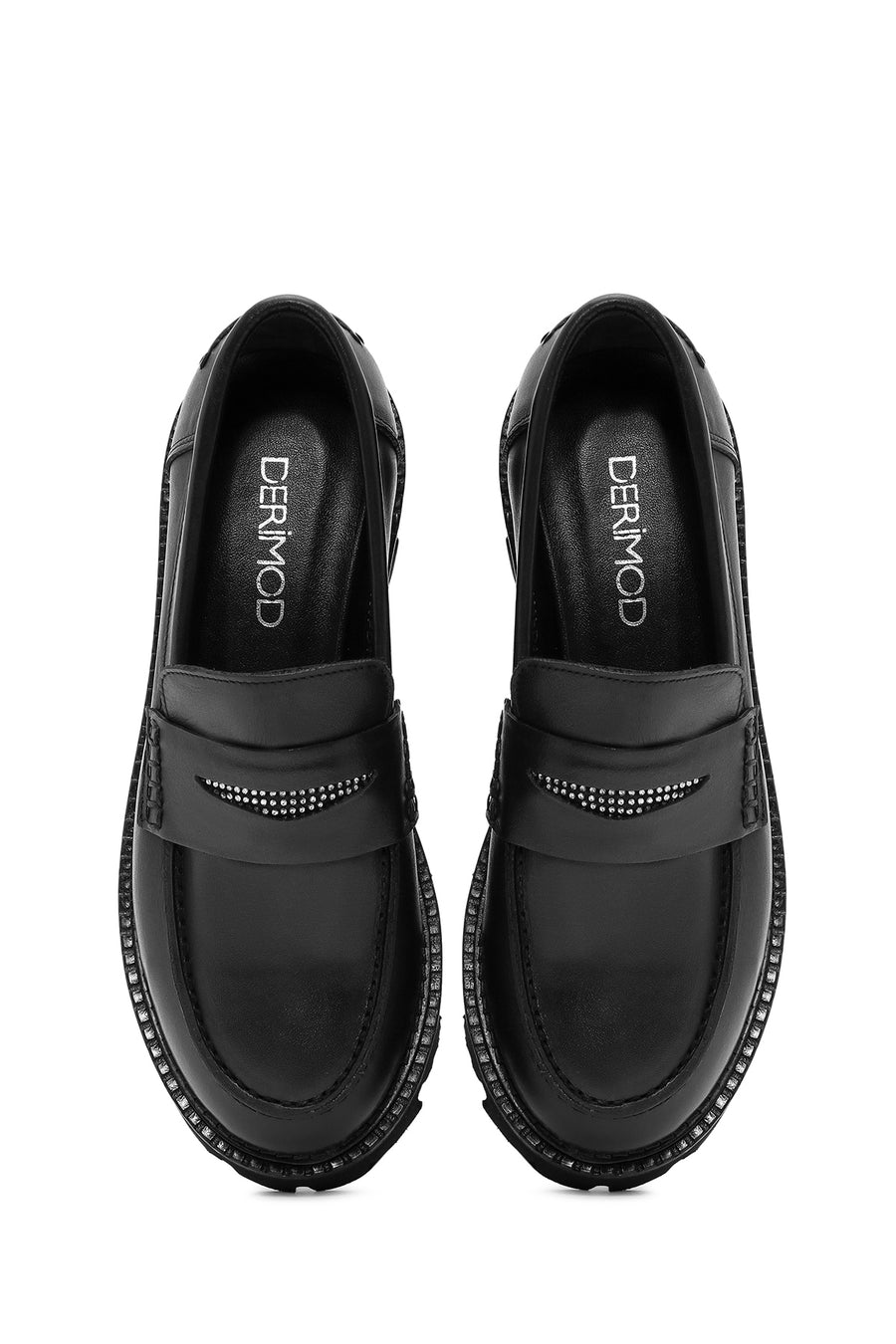 Kadın Siyah Taş Detaylı Deri Maskülen Loafer