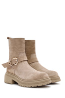 Women's Beige Zippered Suede Leather Boots | Derimod
