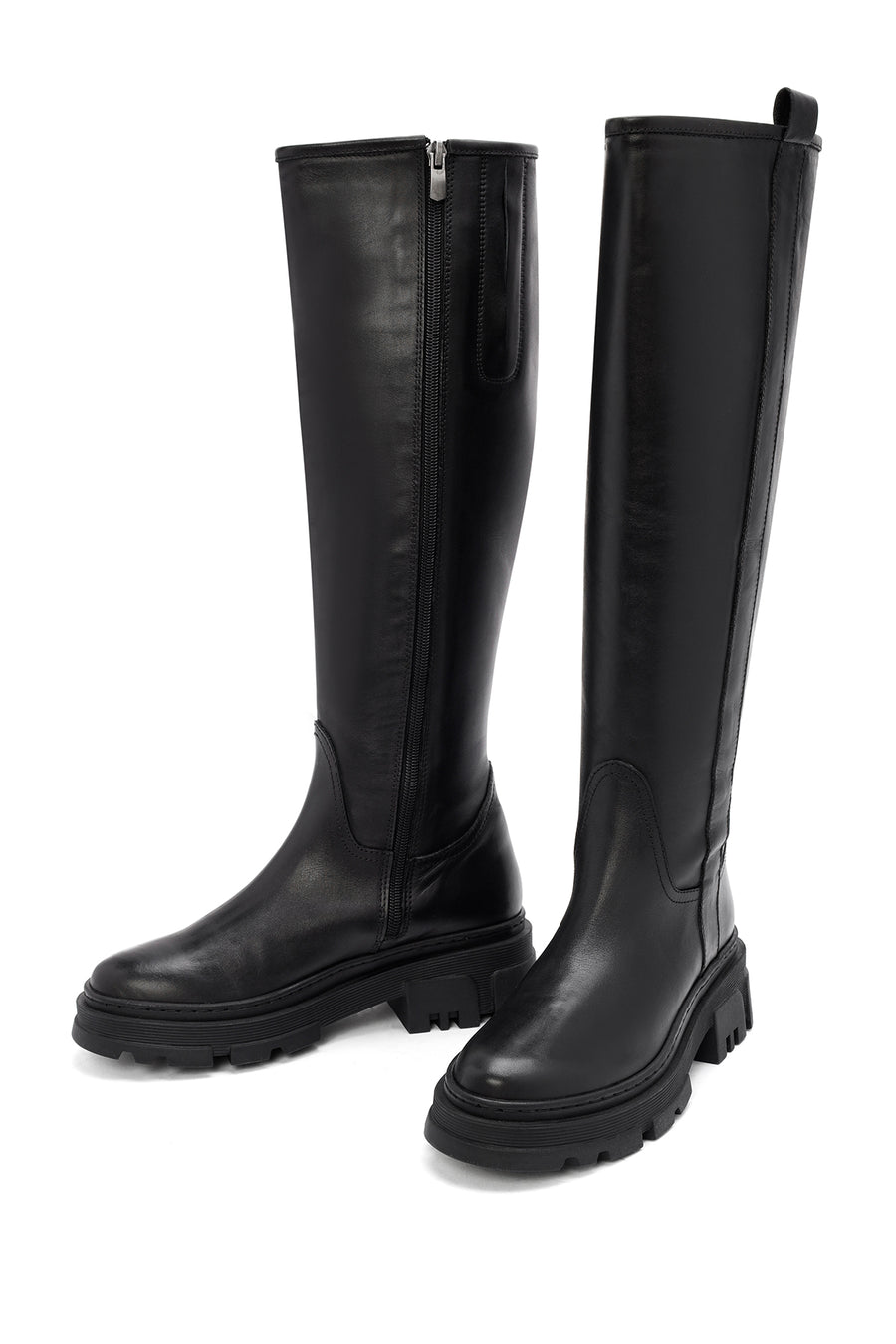Women's Black Zippered Thick Soled Leather Boots