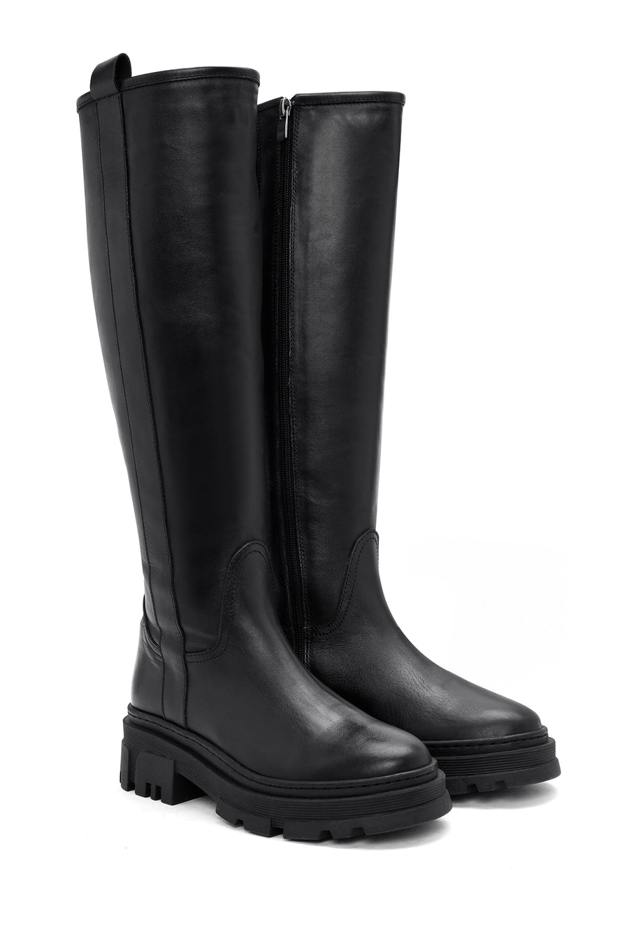 Women's Black Zippered Thick Soled Leather Boots