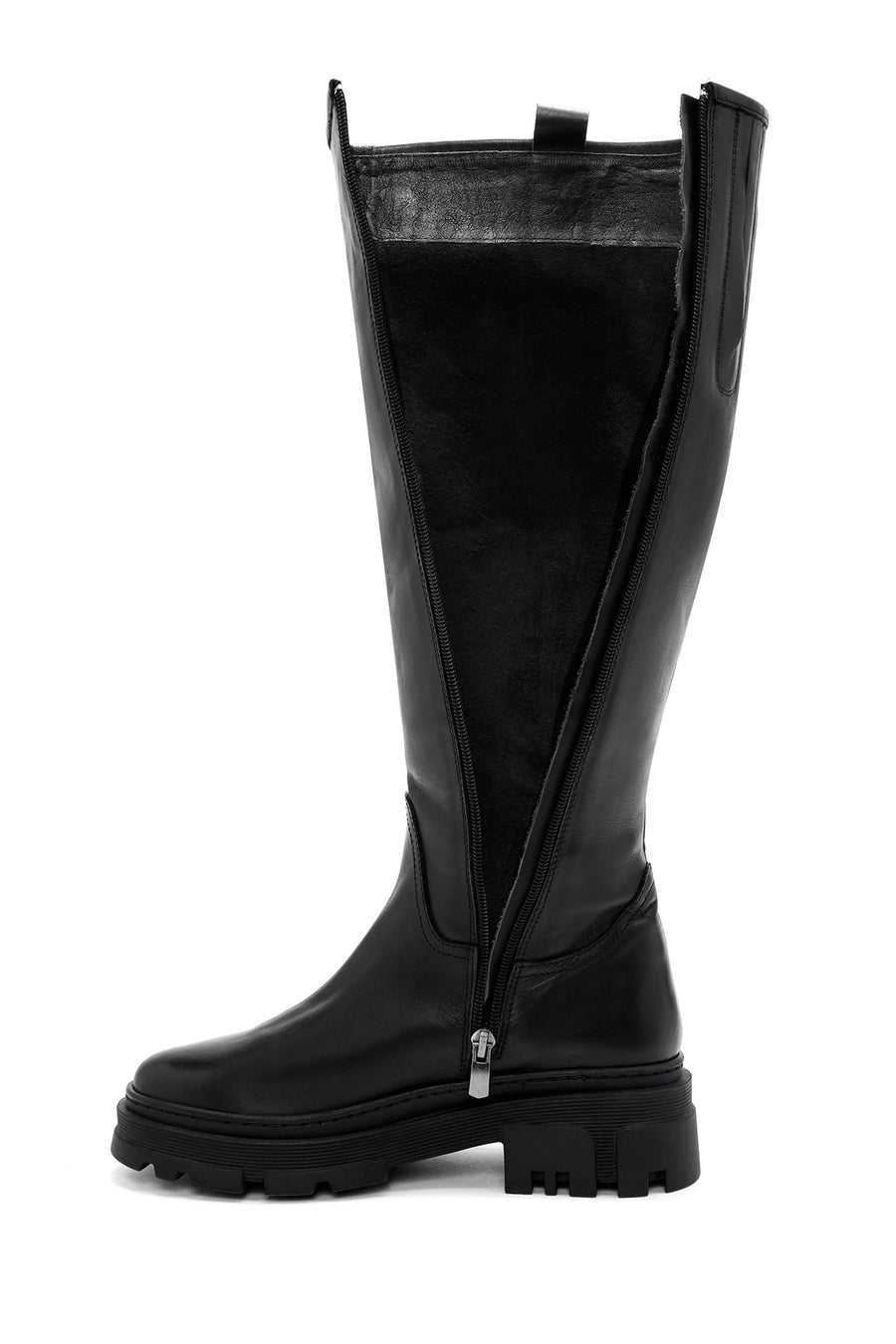 Women's Black Zippered Thick Soled Leather Boots